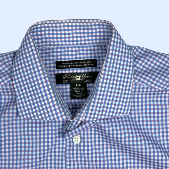 Pronto Uomo Shirt Mens Large Modern Fit Non-Iron Blue‎ Pink Checks Button Down - Picture 5 of 13